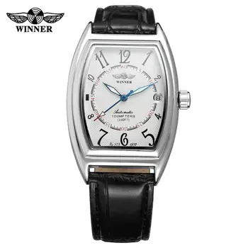 T-VÍŤAZ módne jednoduché ležérne pánske hodinky obdĺžnikového biela dial striebro prípade čiernym koženým remienkom automatické mechanické hodinky