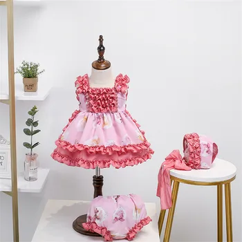 2020 Baby Dievčatá Šaty španielskej Deti Lotia Ružový Ples Šaty Batoľa Dievča Španielsko Narodeniny Frocks Európskej Oblečenie 4pcs Oblečenie