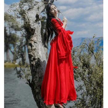 YOSIMI 2019 Letné Šaty Maxi Elegantné Biele Šifón Dlho Ženy Šaty Strany O-krku Červený Butterfly Plnej Rukáv Žena Vestido Dlhé