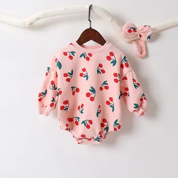 2020 Nové Roztomilé dieťa Novorodenca Cherry Girl Šaty Nastaviť Dlhý Rukáv Hoddies Romper +hlavový most Oblečenie na Jeseň Zimné oblečenie 0-18 m