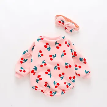 2020 Nové Roztomilé dieťa Novorodenca Cherry Girl Šaty Nastaviť Dlhý Rukáv Hoddies Romper +hlavový most Oblečenie na Jeseň Zimné oblečenie 0-18 m