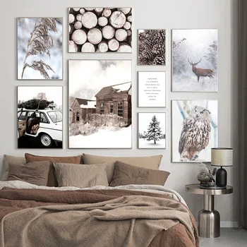 V Zime Sneh Dom Jeleň Sova Trávy Borovice Surového Dreva Nordic Plagát Na Stenu Art Print Plátno Na Maľovanie Interiéru Obrázky Pre Obývacia Izba