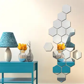 12pcs 3D Hexagon Zrkadlový Povrch Samolepky na Stenu Pozadia Stenu pre Obývacia Izba Reštaurácia Poschodí 8x7x4cm