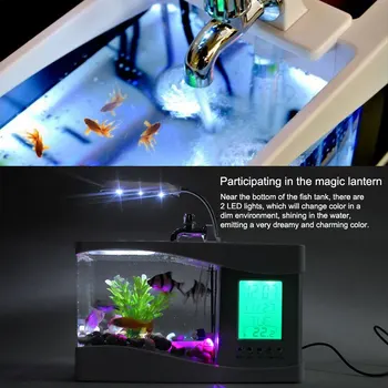 Mini Akvárium akvárium s LED Lampy, Svetelné Pero, Držiak, USB Akvárium Betta Ryby Nádrže LCD Displej Hodiny Aquario