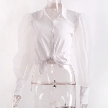 Klasická Blúzka Ženy Patchwork Lístkového Dlhý Rukáv Elegantné Dámske Biele Tričko Fashion Navrhnuté Organza Transparentné Topy