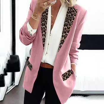 Ženy Patchwork Leopard Blejzre Plus Veľkosť Klope Krku Žena Jarných Plášťov Bežné Zahustiť Coats Bussiness Bundy Outwear