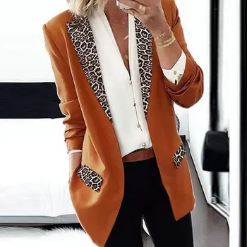 Ženy Patchwork Leopard Blejzre Plus Veľkosť Klope Krku Žena Jarných Plášťov Bežné Zahustiť Coats Bussiness Bundy Outwear