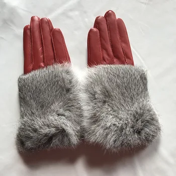 Dámske jesenné zimné zahustiť teplé králik kožušiny originálne kožené rukavice žena prírodná koža slim koni vodičské rukavice R1257