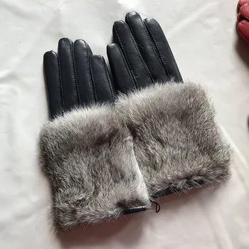Dámske jesenné zimné zahustiť teplé králik kožušiny originálne kožené rukavice žena prírodná koža slim koni vodičské rukavice R1257