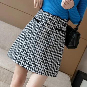 Houndstooth Koberčeky Tweed Sukne Ženy Perly Tlačidlá Vysoký Pás Mini Sukne Kórejský Jeseň Ceruzku Sukne Plus Veľkosť Zips 2020 X515
