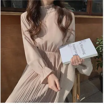 2020 Prameň Krásy Šaty Dlhé Kórea Ženy Svetlice Rukáv Štíhly Pás Riadok Temperamnet Turtleneck Skladaný Šaty Vintage 12916
