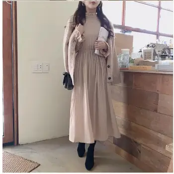 2020 Prameň Krásy Šaty Dlhé Kórea Ženy Svetlice Rukáv Štíhly Pás Riadok Temperamnet Turtleneck Skladaný Šaty Vintage 12916