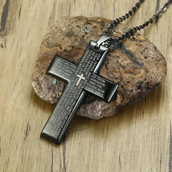 Mens Nehrdzavejúcej Ocele Jednoduchý Čierny Prívesok Kríž Pánov Modlitba Kresťanské Ukrižovanie Náhrdelník s 20-palcový