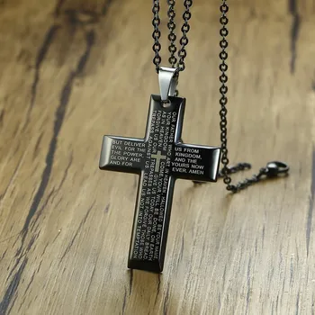 Mens Nehrdzavejúcej Ocele Jednoduchý Čierny Prívesok Kríž Pánov Modlitba Kresťanské Ukrižovanie Náhrdelník s 20-palcový