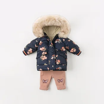 DBJ11915 dave bella zimné baby dievčatá kapucí kvetinový kabát dieťa čalúnená bunda deti vysokú kvalitu srsti deti čalúnená vrchné oblečenie