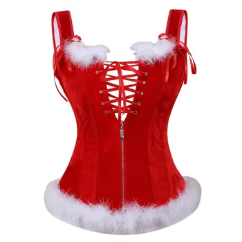 Vianočné Santa Korzet Bustier spodné Prádlo Top Biele Perie Corselet Overbust Plus Veľkosť Červená Paródia Kostým Sexy Žien