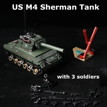 437pcs WW2 Nádrž Série NÁS M4 Sherman Stredný Tank Stavebné Bloky Model Tehly WW2 Vojenské Vojakov Údaje Hračky pre Deti