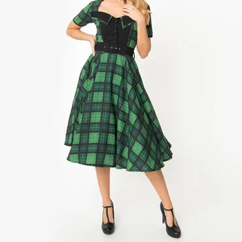 2020 Retro Vintage Ženy Letné Šaty 50. Zelený Kockovaný Tlač Vysoký Pás Pin Up Krátky Rukáv Rockabilly Korčuliarov Swing Strany Vestido
