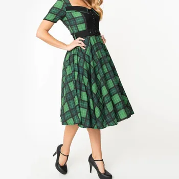 2020 Retro Vintage Ženy Letné Šaty 50. Zelený Kockovaný Tlač Vysoký Pás Pin Up Krátky Rukáv Rockabilly Korčuliarov Swing Strany Vestido