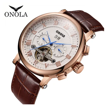 ONOLA Značka vysokej kvality podnikateľského voľný čas multi-funkčné automatické mechanické hodinky veľké dial kožené pánske orgin Náramkové hodinky