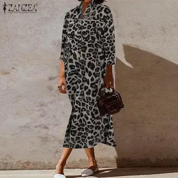 Módne dámske Leopard Sundress ZANZEA Jar Tlač Tričko Šaty Bežné Dlhý Rukáv Midi Vestidos Žena Tlačidlo Šaty Plus Veľkosť
