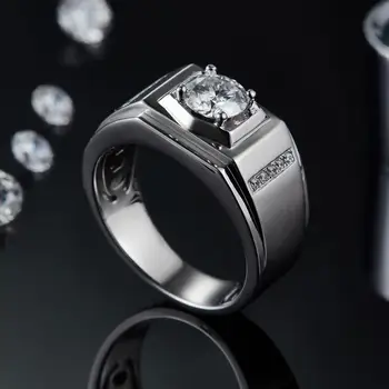 GEM BALET 1Ct 6,5 mm Solitaire Moissanite Diamond Mužov Krúžok 925 Sterling Silver Moissanite Promise Ring, Pre Mužov, Svadobné Kolo