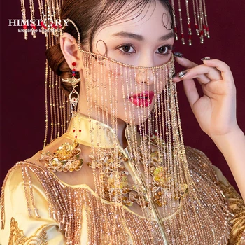 HIMSTORY Vintage Čínsky Opony Pleťová Maska Ručné Gold Pearl Dlhým Reťazcom Strapec Svadobné Svadobné Tvár Šperky