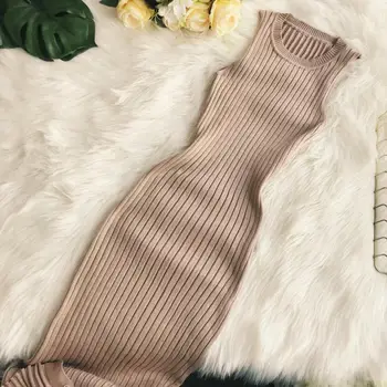 2018 nové módne dámske pre dospelých oblečenie na jeseň a zimu pletenie kolo krku bez rukávov štíhle sexy strednej dĺžky šaty