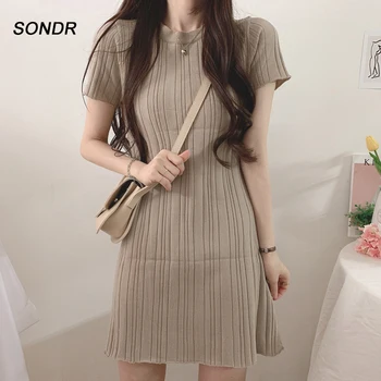 2020 Lete Kórejský Šaty Módne Retro-Krátke Rukávy Pletené Šaty Okolo Krku Tvorbu Ľadu Hodváb A-Line Šaty, Sexy Mini Šaty
