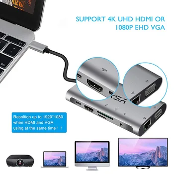 EKSA USB HUB C 10 v 1 Thunderbolt 3 Typ C Adaptér USB 3.0 Port 4K Kompatibilný s HDMI VGA RJ45 Gigabit Ethernet Pre Macbook Pro