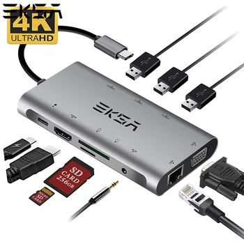 EKSA USB HUB C 10 v 1 Thunderbolt 3 Typ C Adaptér USB 3.0 Port 4K Kompatibilný s HDMI VGA RJ45 Gigabit Ethernet Pre Macbook Pro