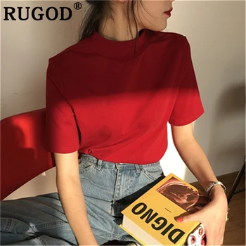RUGOD kórejský elegantné Vysoký golier Červené tričká ženy Móda krátky rukáv červená T-shirts office dámy nosenie 2019 letné topy tee žena