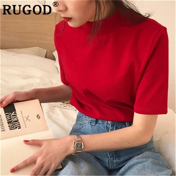 RUGOD kórejský elegantné Vysoký golier Červené tričká ženy Móda krátky rukáv červená T-shirts office dámy nosenie 2019 letné topy tee žena
