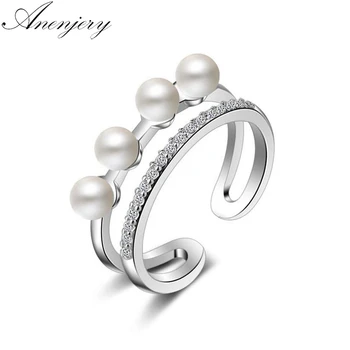 ANENJERY 925 Sterling Silver Trendy kórejský Štýl Multi-layer Snubné Prstene Pre Ženy Pearl Zirkón Otvorenie Krúžky S-R241
