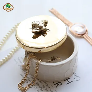 MSJO Šperky Organizátor Úložný Box pre Ženy Keramické 3D Včely Zlaté Prachotesný Kryt Domov Deco Ploche Trinket Organizácie Box