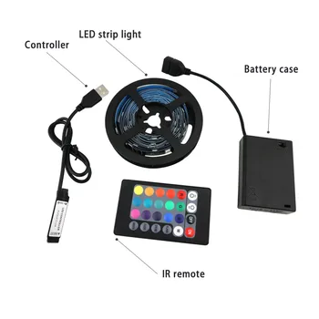RGB LED Pás Svetla 1-5m Batéria Napájaná Pružné Lano Osvetlenie s Batériou Napájanie Box a 24 Kľúče, IR Diaľkový ovládač