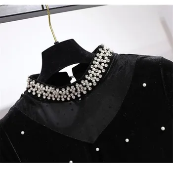 Jeseň Zima Ženy Dlhý Rukáv Zamatové Šaty sequined diamondcollar Oka Patchwork Šaty Elegantná Dáma Čierne Šaty Vestidos