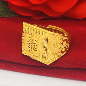 Pozlátené medi námestie mužov krúžok Nastaviteľná veľkosť Svadobný Prsteň Zásnubný Prsteň S Fortune/ Šťastie/ Bohatstva, Čínsky Znak