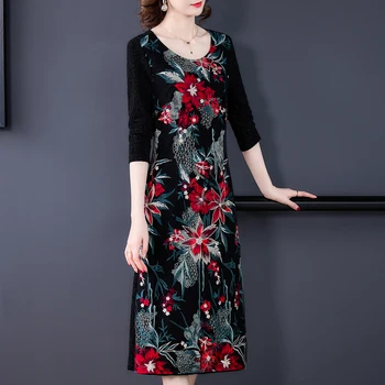 Elegantné Ženy Červené Kvetované Black Gold Velvet Midi Šaty 2020 Jeseň Zima 4XL Plus Veľkosť Šaty Vintage Bodycon Strany Vestidos