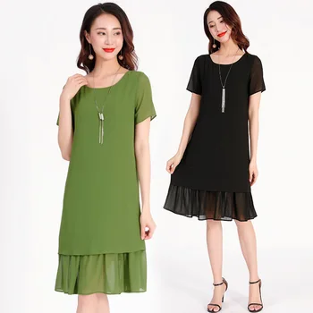Letné elegantné šifón šaty Plus Veľkosť krátky rukáv rozstrapatené lem voľné midi šaty žena obyčajný farieb-line bežné vestido XXXXXL