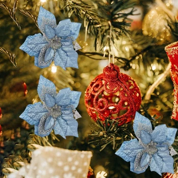15 KS Umelé Vianočné Kvety Dekorácie na Vianočný Stromček, Ozdoby, Lesk Zlata/Striebra s Klipy
