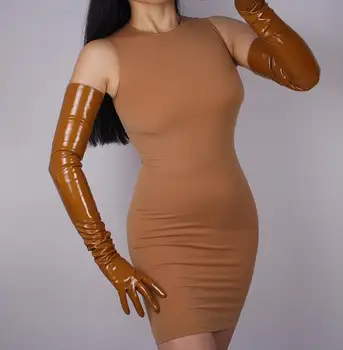 Dámskej módy sexy štíhla faux pu kožené rukavice lady klub výkon formálnej strany lakovanej kože dlhé rukavice 70 cm R596