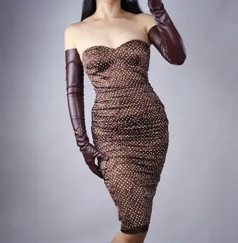 Dámskej módy sexy štíhla faux pu kožené rukavice lady klub výkon formálnej strany lakovanej kože dlhé rukavice 70 cm R596