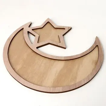 Rustikálny Drevený Crescent Moon Star Eid Ramadánu Strany Potravín Slúžiace Riad Dezert Pečivo Zásobník Displej Držiak Dekor Ornament
