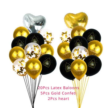 27pc Gold Black Eid Mubarak Latexové Balóny, Konfety Balón Srdce Fóliový Balón Moslimských Islamskej Ramadánu Dekorácie Eid Party Decor