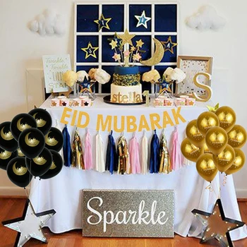 27pc Gold Black Eid Mubarak Latexové Balóny, Konfety Balón Srdce Fóliový Balón Moslimských Islamskej Ramadánu Dekorácie Eid Party Decor