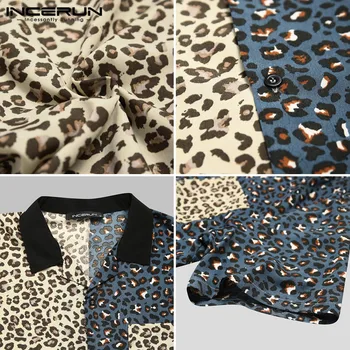 INCERUN 2021 Leopard Patchwork Tričko Mužov Ležérne Elegantný Módy Krátky Rukáv Košele Klope Streetwear Značky Osobnosti Camisas 5XL