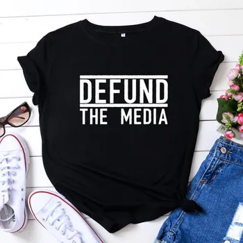Defund Médií Vtipné Tričko Ženy Bavlna Harajuku Tričko Ženy Shrot Rukáv Voľné Camiseta Mujer Black White Tee Tričko Femme