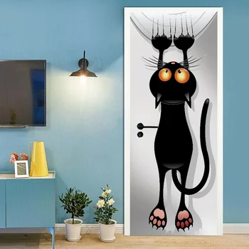 3D tvorivé Cartoon čierna mačka dvere, nálepky, samolepky na stenu ako samolepiace vymeniteľné nepremokavé