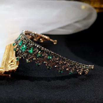 Barokový Vintage Gold Black Green Crystal Svadobné Tiaras Korún Sprievod Prom Drahokamu Závoj Tiara Čelenky Svadobné Vlasy, Šperky